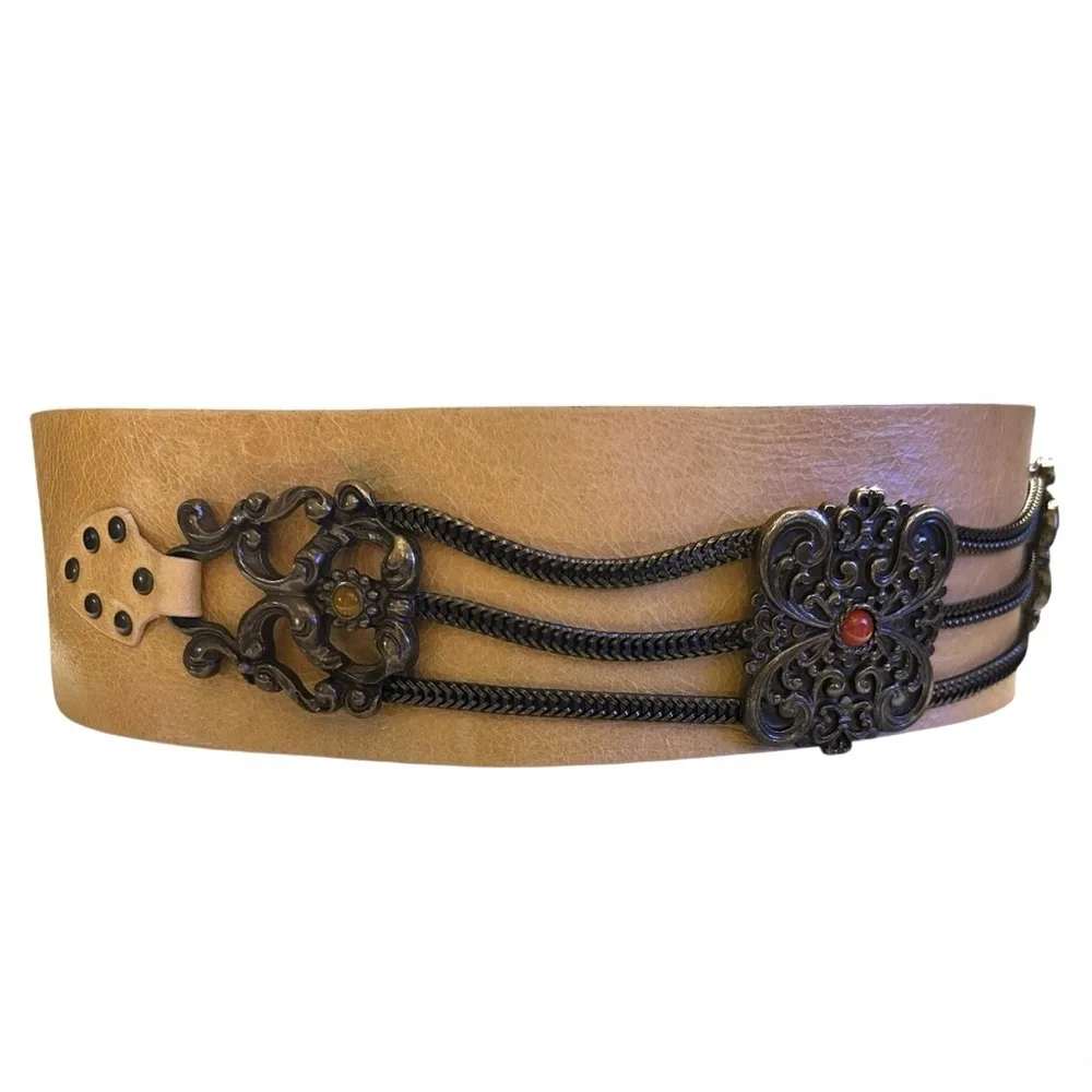 Renza Women’s Wide Leather Belt w/Baroque Medallions Stones Chain Boho Size L